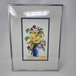 P. Lipinski 07 Blue Vase Multicolor Floral Watercolor Painting Signed And Framed